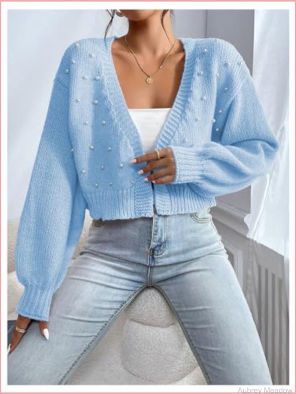 Pearl Beaded Open Front Cardigan Oversize V Neck Drop Shoulder Cropped Sweater - Picture 5 of 6